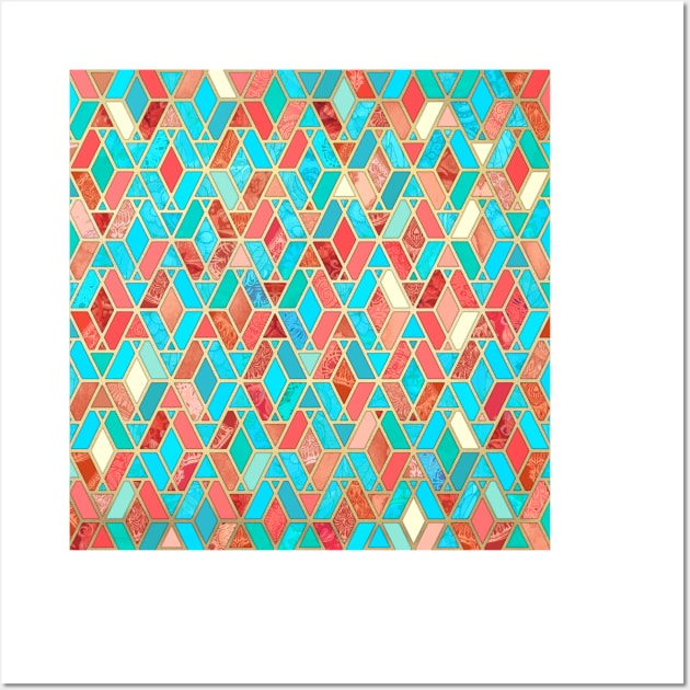 Melon and Aqua Geometric Tile Pattern Wall Art by micklyn